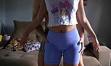 Young babe in tight spandex leggings enjoys dry hump until climax in underwear