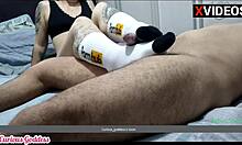 Curious goddess milf gives footjob handjob cum swallow