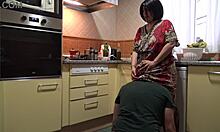 Horny stepmom makes stepson lick her pussy in kitchen