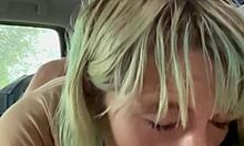 A real hooker enjoys sucking cock in the car's backseat, draining every drop of cum.