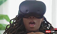 The busty blonde milf and her black friend fuck a young dude with VR porn