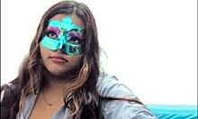 brunette student takes questionnaire, touches breasts sexy way