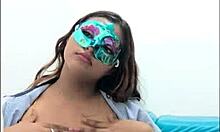 brunette student takes questionnaire, touches breasts sexy way