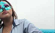 brunette student takes questionnaire, touches breasts sexy way