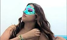 brunette student takes questionnaire, touches breasts sexy way