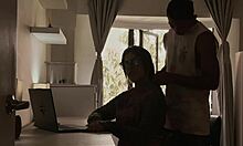 The porn model gets fucked in her home office by her tiny apartment mate.