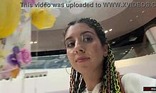 she walks through the mall with cum on her face after a blowjob in the toilet