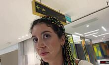 she walks through the mall with cum on her face after a blowjob in the toilet