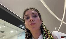 she walks through the mall with cum on her face after a blowjob in the toilet