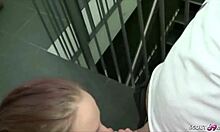 why does this german teen fuck two guys in the stairwell and get facials?