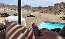 Cumshot in the dessert with monster cock.