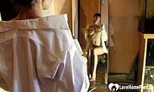 The naughty stepsister couldn't resist masturbating in front of the mirror