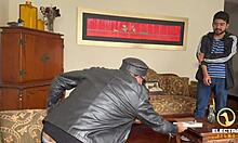 Venezuelan blonde maid with huge tits gets fucked by old man and his son at once?