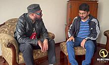 Venezuelan blonde maid with huge tits gets fucked by old man and his son at once?