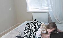 Stepdaughter secretly sucks cock while stepmom shows big tits