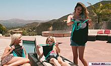 Blonde teen 18+ gets licked by her team mates in a group session