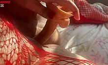 latina in red body suit slides dildo deep moaning loud