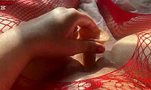 latina in red body suit slides dildo deep moaning loud