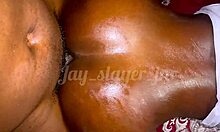 Afro petite ebony with creamy pussy gets fingered and fucked simultaneously in quickie