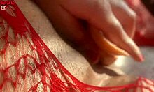 latina in red body suit slides dildo deep moaning loud