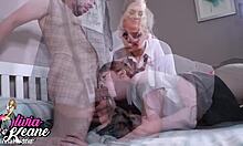 teacher and head girl take control of student in college domination with blowjob and swallow