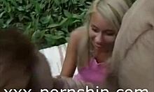 Blonde teaches innocent virgin how to suck dick in group instruction.