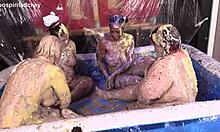 Four hot women engage in intense messy lesbian fun at the party