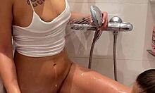 Lesbian shower explodes into sloppy double bj and huge facial with cum swap pov blowjob