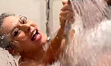 Lesbian shower explodes into sloppy double bj and huge facial with cum swap pov blowjob