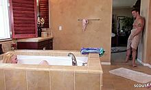 Blonde step-sister caught masturbating in bathtub seduces to risky fuck