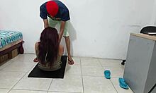 She strips while exercising, showing smooth pussy!