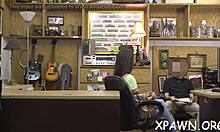 beauty has rough sex in shop! naked and sucking cock.