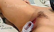 Vietnamese babe with wet hairy pussy gets creampied in bedroom by neighbor.