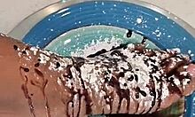 Homemade amateur video of beautiful black toes and bare feet in food fetish play