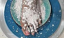 Homemade amateur video of beautiful black toes and bare feet in food fetish play