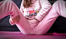 Petite Teen Squirts Hard In Pajamas, Masturbates Pussy Close-Up