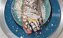 Homemade amateur video of beautiful black toes and bare feet in food fetish play