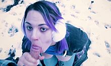 Cute nerd teacher gives public blowjob in snowy city park