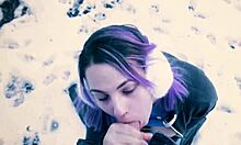 Cute nerd teacher gives public blowjob in snowy city park