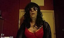 bisexual crossdressing sissy licks his cum from hand and smears it on face.