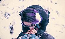 Cute nerd teacher gives public blowjob in snowy city park