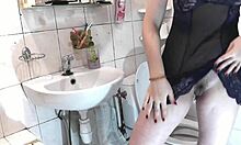 Beautiful naked girl pees, fingers pussy, squirts in morning