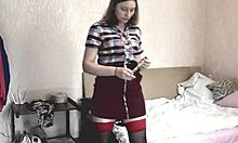 Beautiful naked girl pees, fingers pussy, squirts in morning