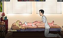 an excited masseur caresses innocent girl's breasts