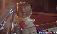 petite blondie reveals shaved pussy in vintage car