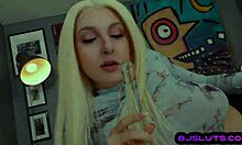 Bosomy babe with pierced nipples sucks stiff dong in POV.