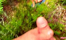 Horny European wife with hairy pussy wanks big cock in public outdoor taboo POV