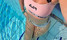 why play with your wet pussy in the public pool, sexy blonde?