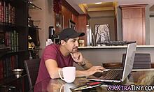 Tiny 18+ teen throats and rides monster cock.