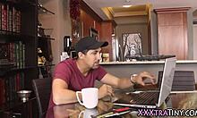 Tiny 18+ teen throats and rides monster cock.